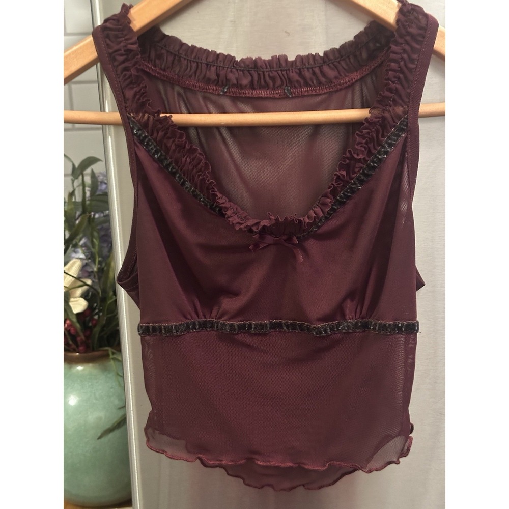 Cider Burgundy Mesh Ruffle Crop Cami Top XS Fairy Grunge Y2K Whimsigoth Tank